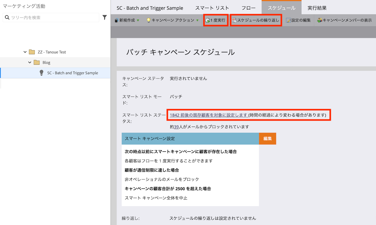 バッチキャンペーンのスケジュールタブの画面